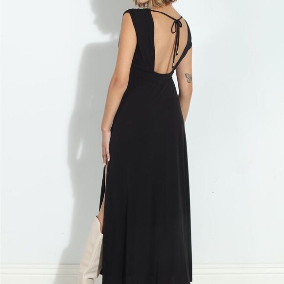 Veronica M Stretch Deep V‎ Maxi Dress Black size L NWT - Picture 5 of 9